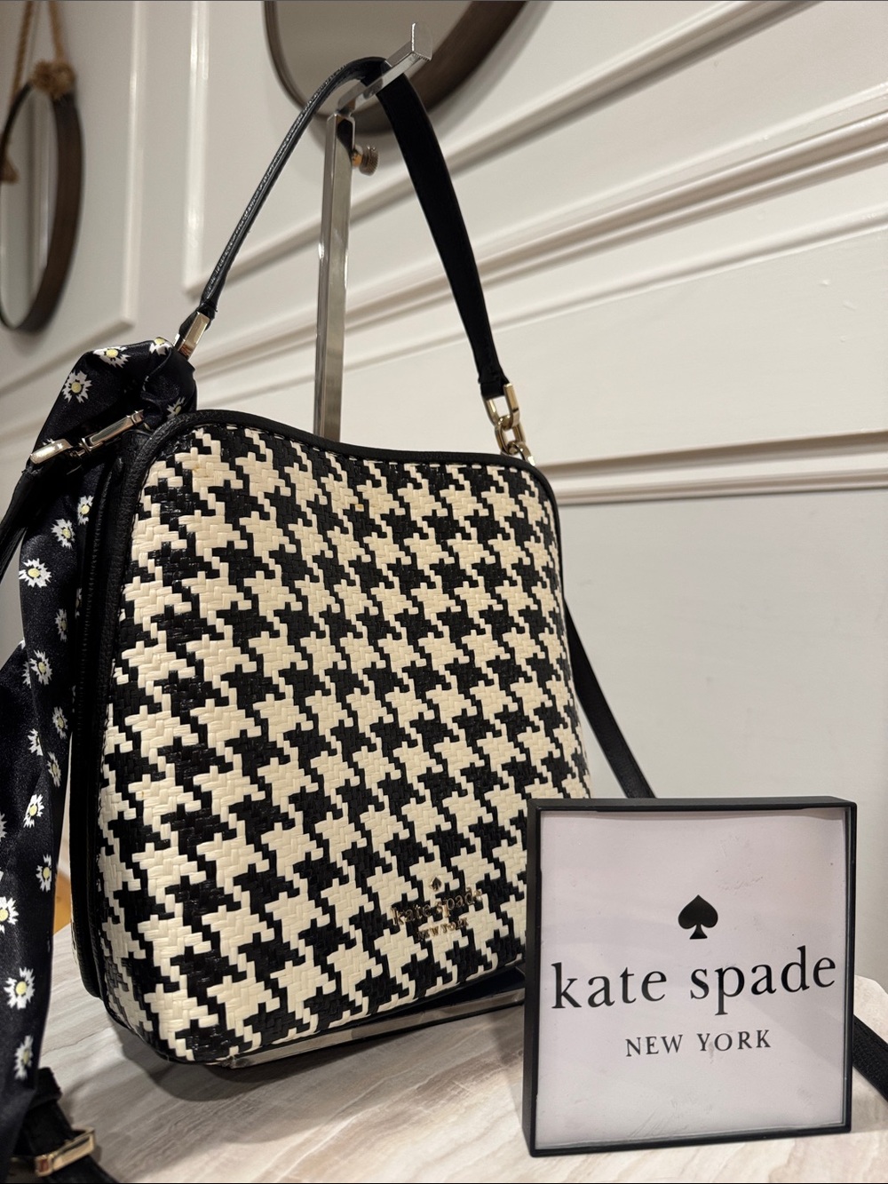 kate spade Bag Darcy Small Leather Black White Houndstooth Woven Crossbody